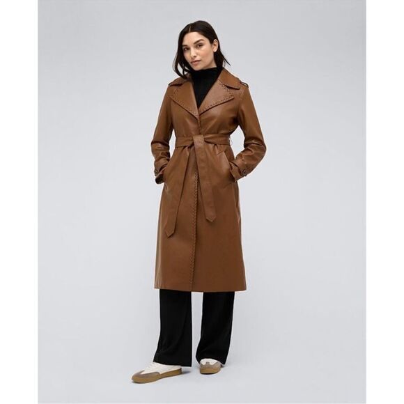 NWT Kenneth Cole Faux Leather Belted Trench Coat In Cognac SP - Picture 1 of 12
